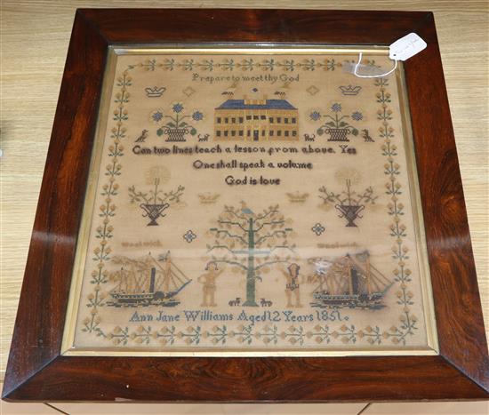 A Victorian needlework sampler by Ann Jane Williams, Aged 12, 1851, in rosewood frame 43 x 41cm excl. frame